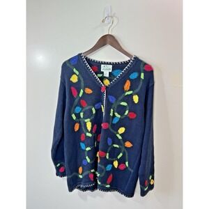 The Quacker Factory Womens Embroidered Christmas Cardigan Sweater L Festive VTG